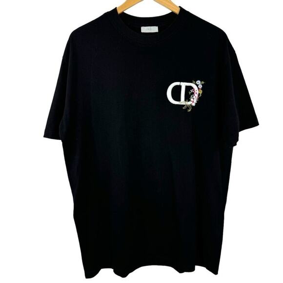 Christian Dior CD Icon T-Shirt Floral Embroidered Relaxed Fit Black Men's Large - Picture 1 of 16